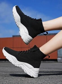 Minimalist Lace-up Front Sock Sneakers - Black - View 5