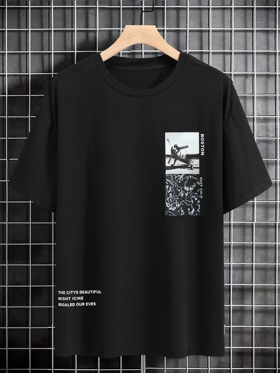 Manfinity Hombres Camiseta foto & con estampado de letra - Negro - Ver 1