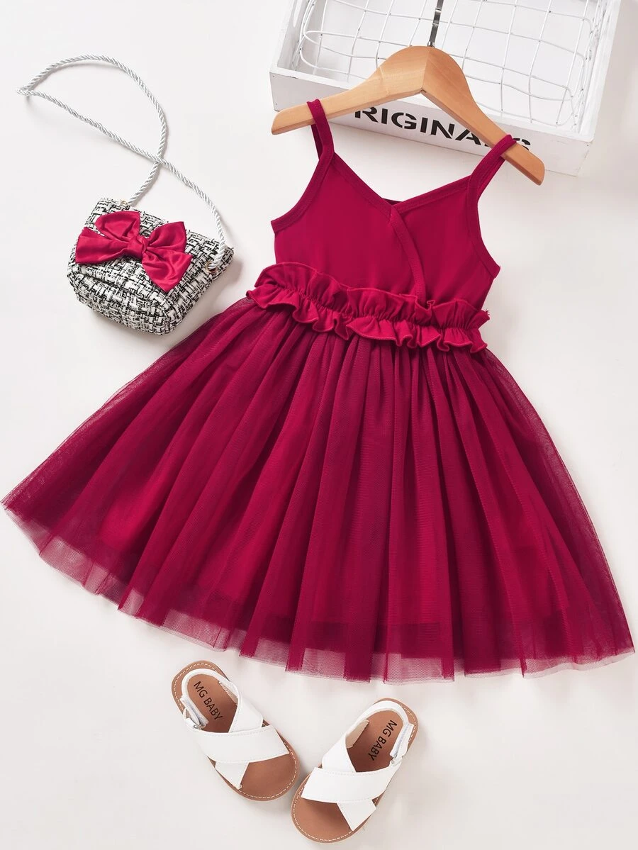 小女童交叉領荷葉邊網紗拼接吊帶連衣裙 - 紅色 - 查看 1