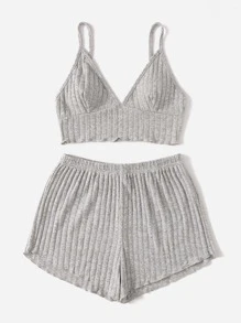 ROMWE X Gabiciamp Ribbed Lettuce Trim PJ Set - Grey - View 2