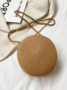 花卉圖案圓圈草編包，復古單肩沙灘包，女士斜挎包錢包迷你花卉裝飾草編包 - 卡其色 - 查看 2