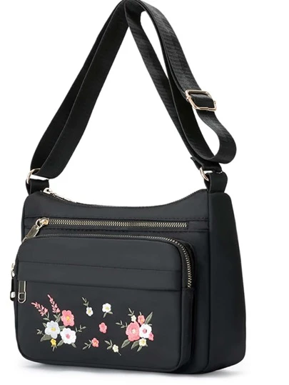 Bolso cuadrado con bolsillos múltiples y bordado floral, bolso de hombro para la escuela