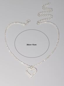 Rhinestone Heart Charm Necklace Valentines - Silver - View 5