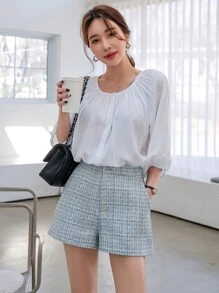 DAZY Quần short ống rộng vải tuýt kẻ caro - Xanh và trắng - Xem 4