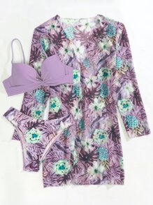 SHEIN Swim 花卉扭結款式推波即可上內衣式比基尼，附和服，夏日沙灘必備 - 彩色 - 查看 4