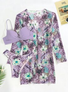 SHEIN Swim 花卉扭結款式推波即可上內衣式比基尼，附和服，夏日沙灘必備 - 彩色 - 查看 5