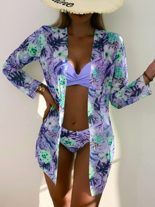 SHEIN Swim 花卉扭結款式推波即可上內衣式比基尼，附和服，夏日沙灘必備 - 彩色 - 查看 8