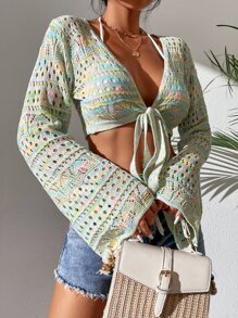 Space Dye Knot Front Hollow Out Kimono, For Summer Beach Vacation - Multicolor - View 1