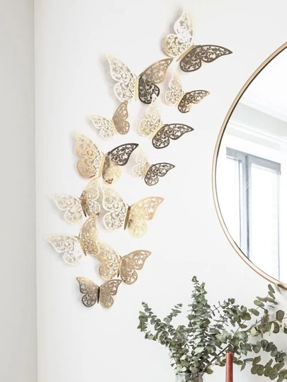 12pcs 3D Butterfly Sticker, Gold Hollow Paper Butterfly Wall Art For Home Decor, Stickers, Wall Decal, Vinyl Decal For Home Decorations, Spring Decoration Items Refresh Your Home, Rama Decoration Stickers School Decor School Surprise Dormitory Decor Back To School Room Decor School Supplies