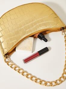 Shiny Alligator Print Chain Strap Baguette Shoulder Bag - Gold - View 6