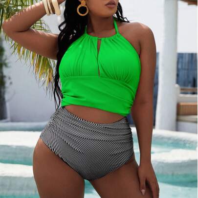 Plus Striped Ruched Bikini Swimsuit