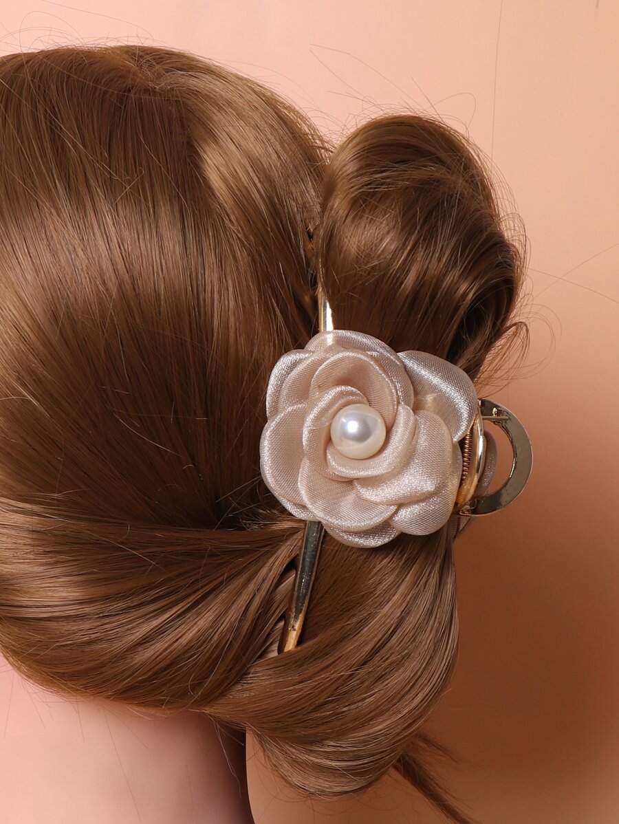 花和人造珍珠裝飾髮爪 - 金色 - 查看 1