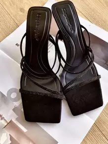 Women Black Rhinestone Decor Mule Sandals, Fashionable Sculptural Heeled Open Toe Sandals - Black - View 1
