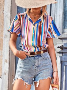 Áo sơ mi Sọc đầy màu sắc Tay áo hình bướm - Nhiều màu - Xem 1