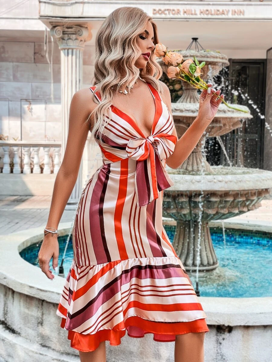 SHEIN Unity Striped Tie Front Ruffle Hem Satin Dress - Multicolor - View 1