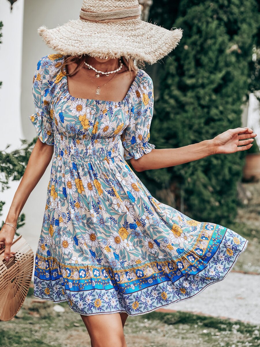 Floral Square Neck Flounce Sleeve Shirred Ruffle Hem Dress - Multicolor - View 1