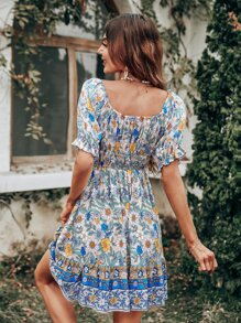 Floral Square Neck Flounce Sleeve Shirred Ruffle Hem Dress - Multicolor - View 2
