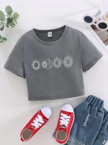 Girls Sun & Moon Print Tee - Grey - View 1