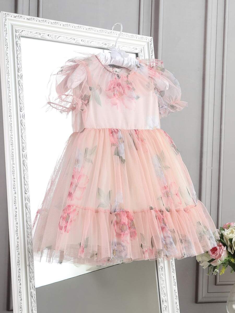 小女童花卉圖案泡泡袖荷葉邊網紗洋裝