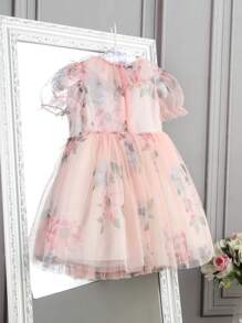 小女童花卉圖案泡泡袖荷葉邊網紗洋裝