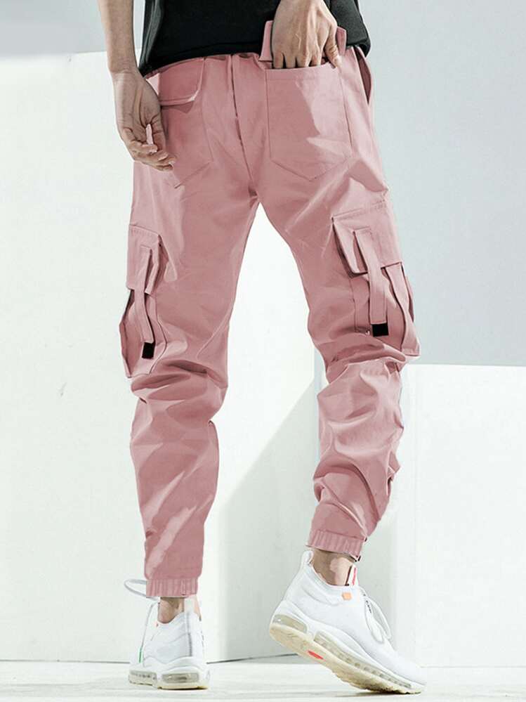 Manfinity Hypemode 男士側翻蓋口袋工裝褲 - 藕粉色 - 查看 2
