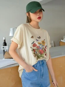 DAZY 蝴蝶與花卉印花落肩 T 卹 - 杏色 - 查看 3