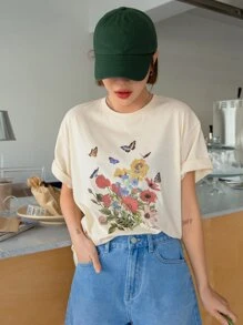 DAZY 蝴蝶與花卉印花落肩 T 卹 - 杏色 - 查看 4