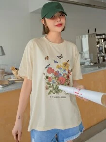 DAZY 蝴蝶與花卉印花落肩 T 卹 - 杏色 - 查看 5