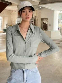 DAZY Ribbed Knit Dual Pocket Tee - Mint Green - View 3