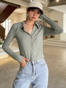 DAZY Ribbed Knit Dual Pocket Tee - Mint Green - View 4