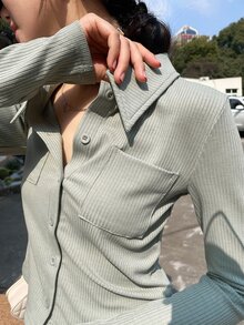 DAZY Ribbed Knit Dual Pocket Tee - Mint Green - View 6