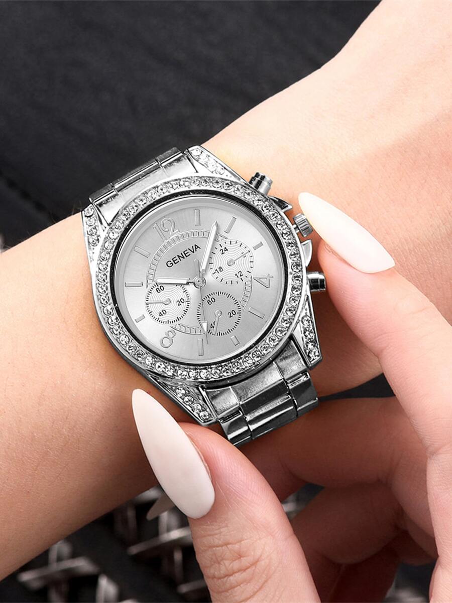 水鑽裝飾圓形指針石英手錶 - 銀色 - 查看 1