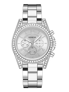 水鑽裝飾圓形指針石英手錶 - 銀色 - 查看 2