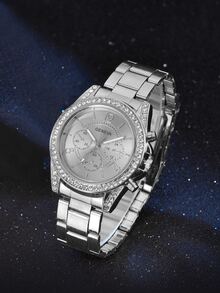 水鑽裝飾圓形指針石英手錶 - 銀色 - 查看 3