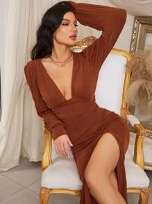 深V領燈籠袖高衩洋裝