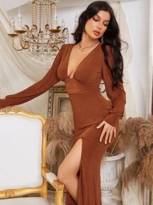 深V領燈籠袖高衩洋裝