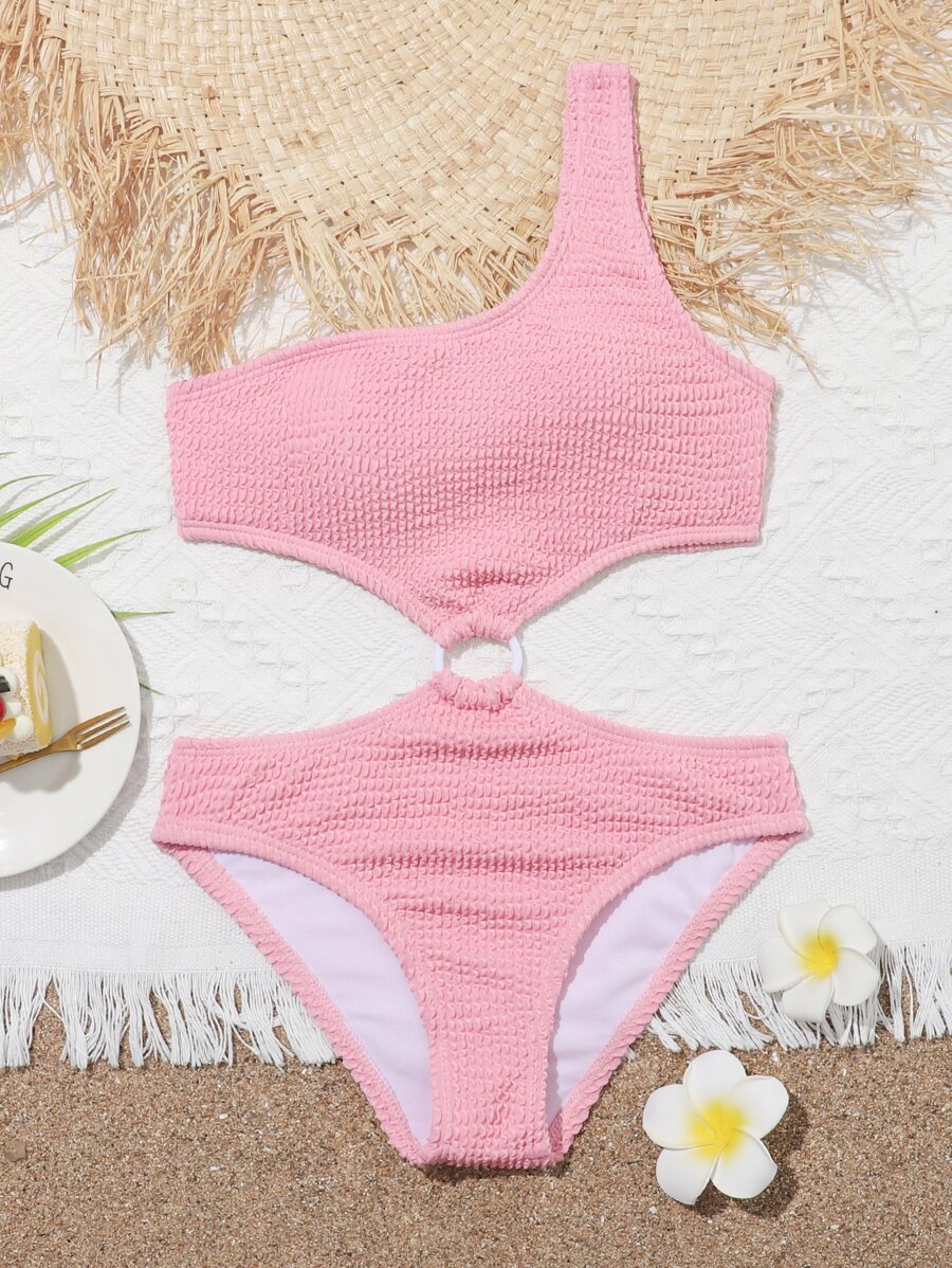 青少女織紋連環環單肩泳衣 - 淺粉色 - 查看 1