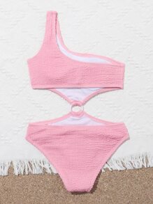 青少女織紋連環環單肩泳衣 - 淺粉色 - 查看 2