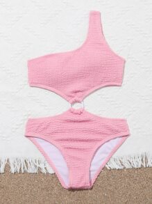 青少女織紋連環環單肩泳衣 - 淺粉色 - 查看 3