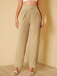 SHEIN Pantalones rectos de talle alto - Caqui - Ver 3