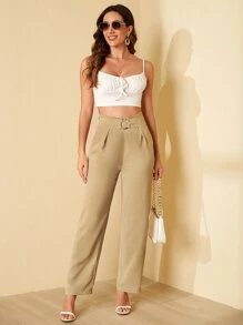 SHEIN Pantalones rectos de talle alto - Caqui - Ver 4