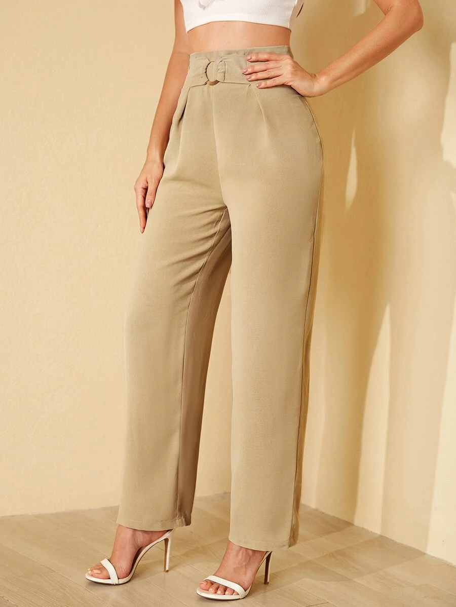 SHEIN Pantalones rectos de talle alto - Caqui - Ver 1