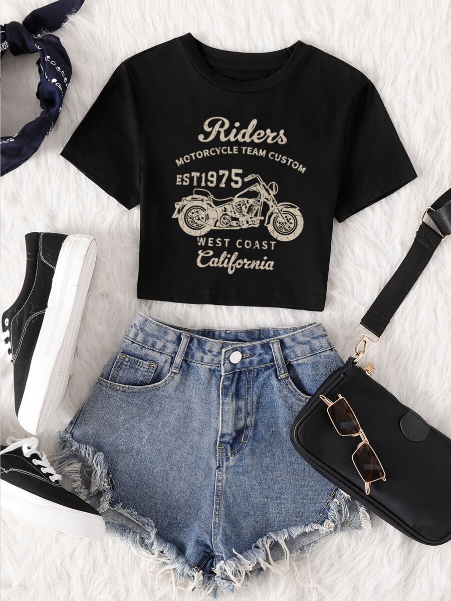 SHEIN Unity Motorcycle & Letter Graphic Tee Graphic Tees Women Tops - Black - View 1