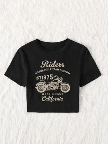 SHEIN Unity Motorcycle & Letter Graphic Tee Graphic Tees Women Tops - Black - View 4
