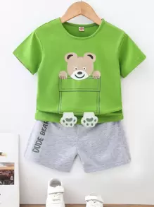 SHEIN 男童卡通圖形3d拼接短袖t恤與短褲