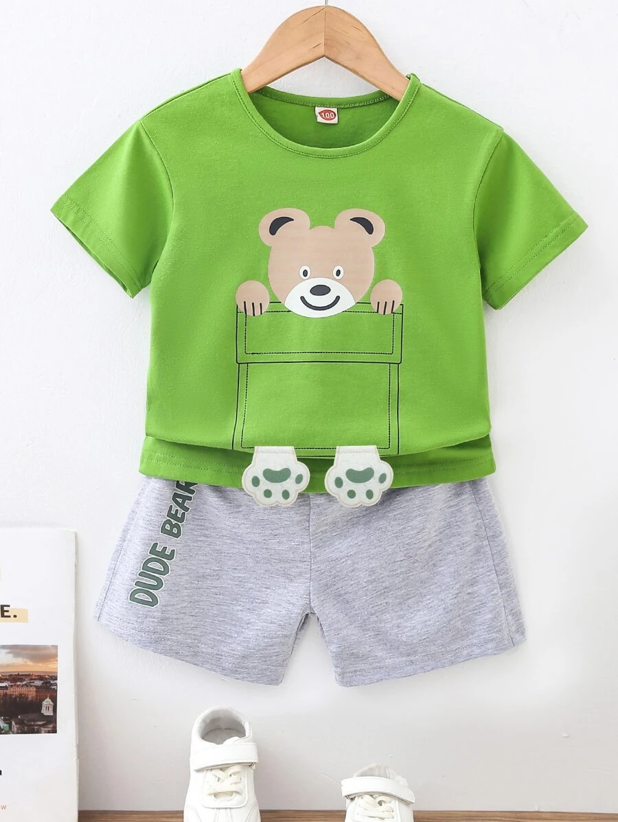 SHEIN 男童卡通圖形3d拼接短袖t恤與短褲