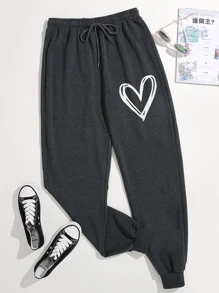 SHEIN Unity Heart Print Drawstring Waist Joggers - Dark Grey - View 1
