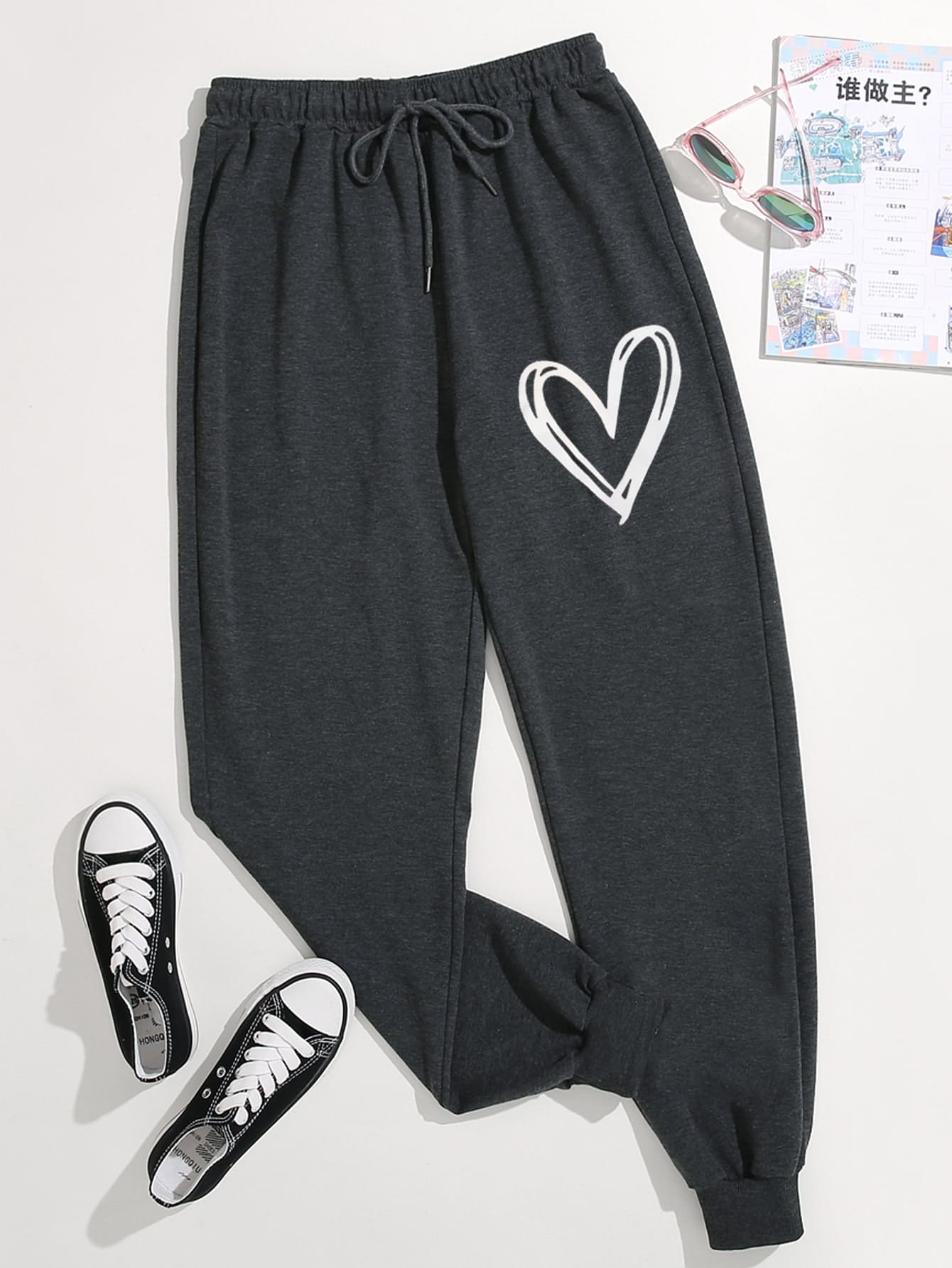 SHEIN Unity Heart Print Drawstring Waist Joggers - Dark Grey - View 1