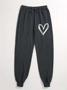 SHEIN Unity Heart Print Drawstring Waist Joggers - Dark Grey - View 4