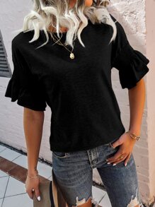 SHEIN Unity 打褶荷葉袖T恤 - 黑色 - 查看 1